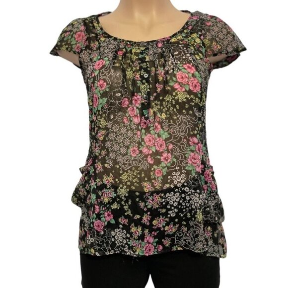 PINK ROSE Womens Sheer‎ Boho Floral Top Large Black Multi Chiffon Slouch Pockets - Picture 1 of 16